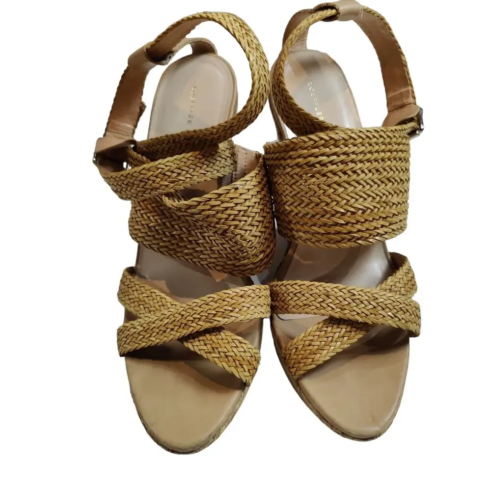 Loeffler Randall Women's Sz 9.5 Lake Strappy Woven Cork High Wedge Sandal Tan